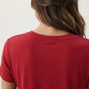 Ensemble de pyjama 2 pièces rouge pour femme, col rond, manches courtes, pantalon large à taille haute avec cordon de serrage, couleur unie, en coton respirant - Product Image 5