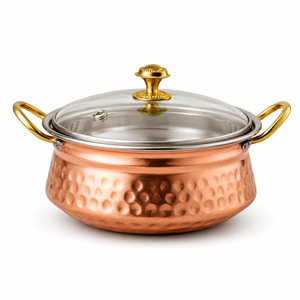 Hammered Copper Casserole Cooking <b>Pot</b> with Glass Lid Double Handles Traditional Handi Serving Cookware Hotel Restaurant Catering - Product Image 1