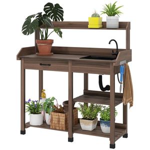 Tavolo da Giardinaggio in Rattan Marrone con Lavello Rimovibile e Rubinetto, Tavolo da Esterno per Hotel, Parchi, Soggiorni e Patii - Product Image 1