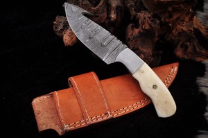 Damascus Steel Gut Hook Fixed Blade Hunting Skinning Camping <b>Knife</b> <b>Bone</b> <b>Handle</b> Full Tang Custom OEM/ODM <b>Knife</b> Leather Sheath - Product Image 1
