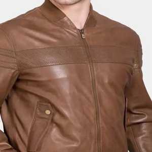 Chaqueta Bomber Calefactable de Cuero Genuino Marrón para Hombre, Cuello Mao, Cierre de Cremallera, Ropa Casual de Invierno, Manga Regular, Color Sólido - Product Image 3