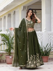Green Embroidered Georgette <b>Lehenga</b> Choli Set Heavy Sequin Work <b>Women</b> Wedding Party Outfit - Product Image 5