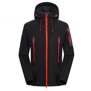 Veste polaire à capuche pour homme, couleur unie, coupe-vent, vêtements d'extérieur d'hiver, fermeture éclair, style sportif, noir avec accents rouges - Product Image 1