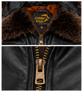 เสื้อแจ็คเก็ตหนังแกะสำหรับผู้ชาย CHAMP KING พร้อมซับในขนสัตว์เทียมและขนสัตว์แท้ที่คอเสื้อและฮู้ด - Product Image 4