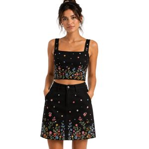 Conjunto de Top Corto y Falda Bordados Personalizados para Mujer, Diseño Floral, Traje de Dos Piezas para Verano, Logotipo Personalizado, OEM, ODM, Ropa al por Mayor - Product Image 1