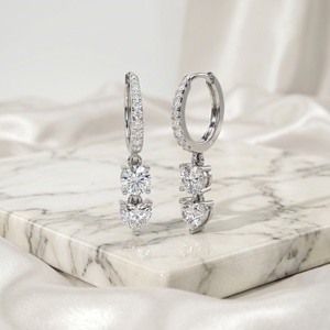 1.40 CTW Round and Heart Diamond Two-<b>Stone</b> Huggie Drop Earrings - Product Image 2