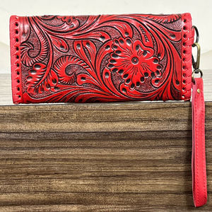 2026 Retro Boutique Collection Red full Tooled Cow Leather Clutch Wallet for Women Bohemian Floral Card Wallet <b>Wristlet</b> Purse - Product Image 5