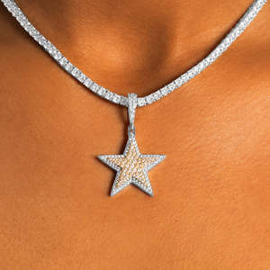 Luxury Two-Tone <b>Iced</b> <b>Out</b> Star Pendant Necklace | Gold & White Five-Point Star Pendant | Hip Hop Tennis <b>Chain</b> Jewelry - Product Image 2