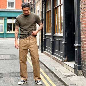 <b>Men's</b> 100% Cotton <b>Herringbone</b> <b>Trousers</b> Vintage Wide Leg Pants Casual Workwear Zipper Work Pants Wholesale - Product Image 5