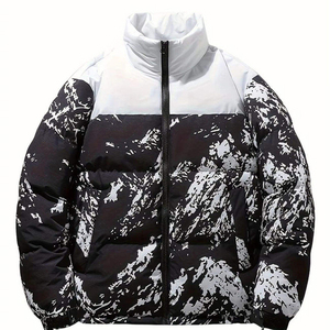 Men's Black <b>Camouflage</b> Puffer Jacket With Belt Closure Casual Style Polyester Shell - Product Image 1