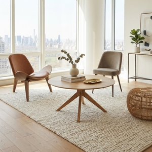 Mesa de centro redonda de madera premium, minimalista, de madera maciza de teca, mesa de té circular para sala de estar, mesa baja con estructura central para espacios y unidades. - Product Image 5