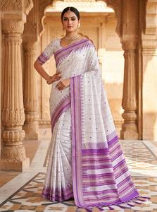 Sari de seda blanco y morado con diseño a cuadros y borde para mujer, ropa tradicional india para bodas. - Product Image 1