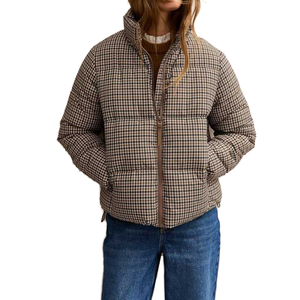Blouson Bomber en Jean Court Marron Uni Personnalisé pour Femme, Col Montant, Boutons Cachés, Rembourrage en Poly Recyclé, Style Vintage Automne, Tendance Urbaine - Product Image 2