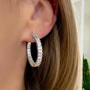 Diamond Huggie <b>Earrings</b> Large Emerald Cut Lab Grown 18.5 mm Modern Double Sided Luxury <b>Hinged</b> <b>Hoops</b> Wholesale 14K 18k Solid Gold - Product Image 2