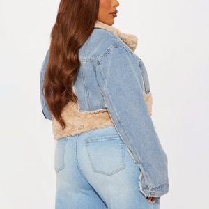 Women's <b>Denim</b> <b>Jacket</b> With Faux Fur Lining Light Blue <b>Cropped</b> Casual Autumn Winter Coat Regular Fit Contrast Color Pockets - Product Image 3