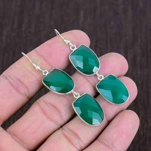 Boucles d'oreilles pendantes en onyx vert facetté, argent sterling 925, bijoux bohèmes faits à la main, pierre précieuse unique, cadeau pour femme - Product Image 6