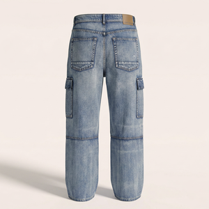 Pantalon cargo en denim décontracté pour homme, coupe droite, 77% coton, 22% Tencel Lyocell, 1% élasthanne, écologique, lavage enzymatique, extensible, plissé - Product Image 2