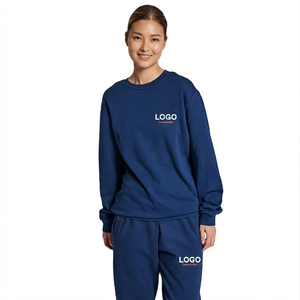 Women's <b>Navy</b> Blue 100% Cotton Tracksuit Set Crew Neck Full Length Casual Autumn Wear With Logo Heat-Transfer Printing - Product Image 1