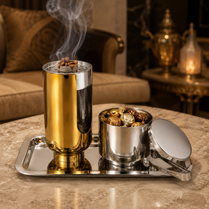 Juego de quemador de incienso Mabkhara de metal con pinzas y tapa en bandeja, acabado en oro y plata, soporte de aromaterapia para uso en interiores. - Product Image 4