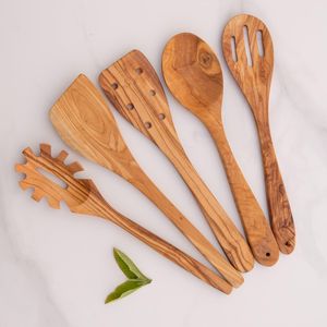 Juego de Utensilios de Cocina de Madera de Olivo de 5 Piezas, Cucharas, Espátulas y Cuchara para Espaguetis - Product Image 2