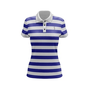Camiseta a Rayas Personalizada de Primera Calidad al por Mayor para Mujer, Manga Corta, Informal, Tejida, Transpirable, de Secado Rápido, Azul y Blanca - Product Image 1