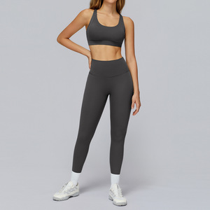 Ensemble de sport 2 pièces pour femme, uni, taille haute élastique, séchage rapide, léger, dos croisé, pour yoga, pilates et gym - Product Image 2