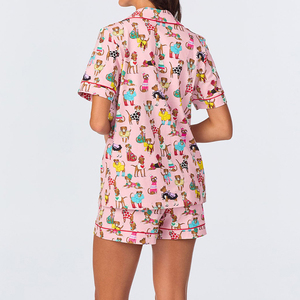 Conjunto de Pijama Corto de Algodón para Mujer, Pijama de Manga Corta de 2 Piezas con Botones y Ribete Estampado - Product Image 2