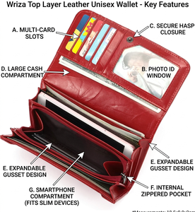 Wriza Top Layer Leather Long Wallet Unisex Casual Fashion <b>Bag</b> with Hasp Zipper Closure Slim Polyester Lining Travel Clutch - Product Image 5