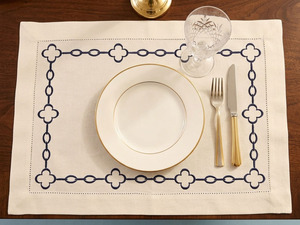 Custom Wholesale Luxury Handmade Embroidered Blue Chains Placemats Napkins Sets White Linen <b>Trays</b> Thin Washable Reusable Home - Product Image 2