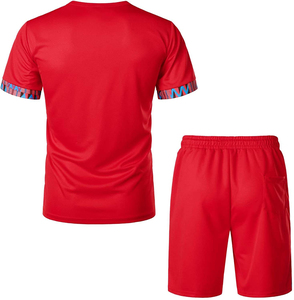 Ensemble t-shirt à manches courtes et short pour homme, imprimé géométrique rouge, avec short assorti, col rond, séchage rapide, tenue sportive d'été - Product Image 2