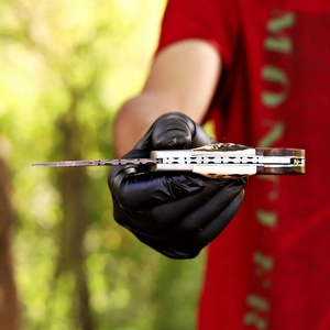 Cuchillo de Caza Plegable de Acero Inoxidable y Cobre Damasco con Mango de Cuerno de Ciervo y Funda de Cuero, Cuchillo para Exteriores 58HRC con Punta de Gota, ¡Gran Oferta! - Product Image 2
