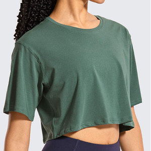 Camiseta Corta Verde para Mujer, Cuello Redondo, Color Sólido, Tejido de Punto, Transpirable, de Algodón, para Entrenamiento, Uso en Todas las Estaciones - Product Image 3
