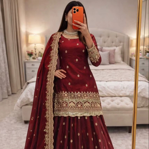 India Exclusive 3 Piece Short Kurti with lehenga Pair with Dupatta In Sequence Embroidery & Real Mirror Work Suit - Product Image 1