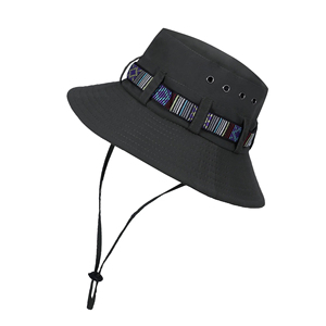 Black Canvas Bucket <b>Hat</b> With Colorful Striped Embroidery Adjustable Strap Unisex Outdoor Spring Summer Casual Style - Product Image 2
