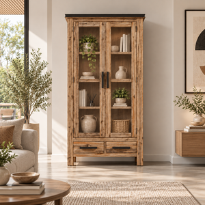 ATLAS Collection <b>Vintage</b> Style Acacia Wood Living Room <b>Cabinet</b>, Glass Door Display Storage For Home Decoration - Product Image 6