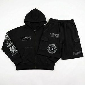 Ensemble de survêtement décontracté personnalisé en coton épais 100 % avec impression sérigraphiée, sweat à capuche zippé orné de strass et short à cordon de serrage, deux pièces délavées à l'acide pour homme - Product Image 1