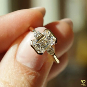 <b>Emerald</b> Cut Moissanite Three Stone Engagement <b>Ring</b> 925 Sterling <b>Silver</b> Pear Side Stones Trisha Jewels ER0021 Vintage Style for - Product Image 4