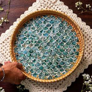 Decorative Rattan Tray Wholesale Handicraft Woven Mother of Pearl Serving Tray Home Restaurant Decor Food Tray - Product Image 1