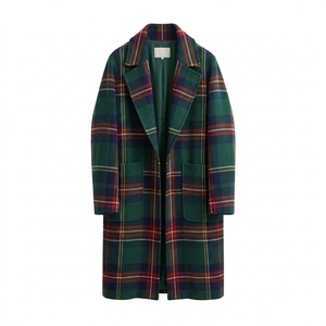 Green Plaid Wool Trench <b>Coat</b> Long Notched Collar Patch Pockets <b>Winter</b> Women's Outerwear Casual Full Sleeve <b>Thick</b> Warm <b>Coat</b> - Product Image 1