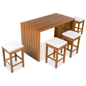 Set da Bar da Esterno in Legno di Acacia a 5 Pezzi: Tavolo Alto da Patio con Quattro Sgabelli e Cuscini, Arredamento da Pranzo per Giardino/Cortile - Product Image 5