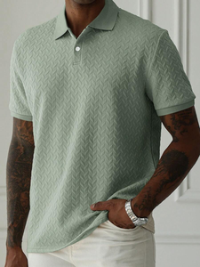 T-shirt à manches courtes en tricot jacquard géométrique vert sauge pour homme, style Old Money, élégance française, décontracté pour l'été - Product Image 3