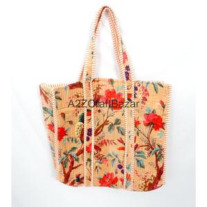 Women's Bohemian Tote <b>Bag</b> with Open Closure Solid Cotton Floral Motifs Hand-Blocked Screen Print Foldable - Product Image 2