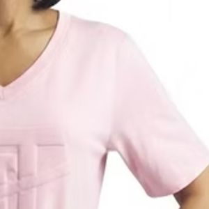 Women Light Pink V Neck T Shirt <b>Dress</b> Short Sleeve Embossed Design Casual <b>Loose</b> Fit Knee Length <b>Summer</b> Fashion <b>Dress</b> for Ladies - Product Image 6