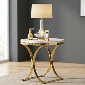 Round End <b>Side</b> <b>Table</b> Coffee <b>Table</b> with Stainless Steel Legs and <b>Marble</b> Stone <b>Top</b> for Living Room Bedroom Office - Product Image 5