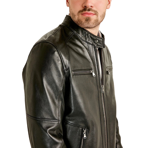 <b>Men</b> Premium Leather Moto Jacket Stand Collar Zipper Closure Slim Fit Black Regular Sleeve Autumn Style - Product Image 5