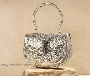 Handmade Metal Floral Flap Evening <b>Bag</b> Half Moon Shape Ring Strap Elegant Party Clutch Decorative Embroidery - Product Image 3