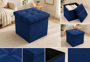 Premium Foldable Modern Fabric <b>Storage</b> Ottoman in Navy Blue for Living Room Hotel & Gym Use - Product Image 3