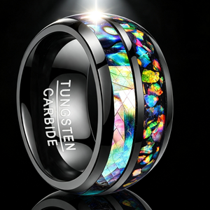 Bague en carbure de tungstène noir avec incrustation d'opale multicolore en forme de coquille concassée, alliance bombée pour hommes et femmes, bijoux Galaxy en gros - Product Image 2