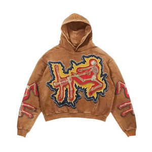 Sudadera con capucha roja vintage lavada para hombre, con gráfico de esqueleto en la manga, estilo oversize, streetwear, tipo pullover - Product Image 5