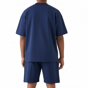 Conjunto Premium de Camiseta Oversize y Pantalones Cortos de Algodón 100% con Lavado Ácido Azul - Conjunto de Dos Piezas para Hombre, Estilo Vintage, Hombros Caídos, Tejido Pesado - Product Image 3